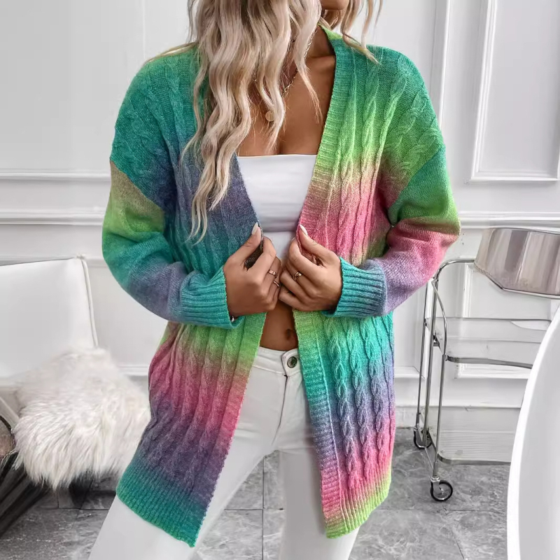 Tie-Dye kötött kardigán, középméretű, V-nyakú, hosszú ujjú, 95% poliészter