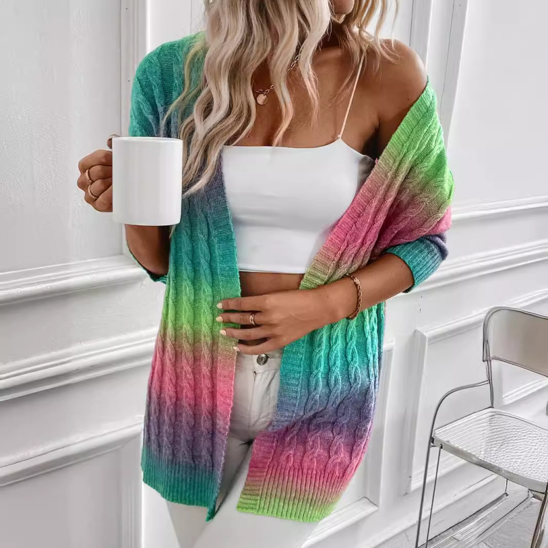 Tie-Dye kötött kardigán, középméretű, V-nyakú, hosszú ujjú, 95% poliészter