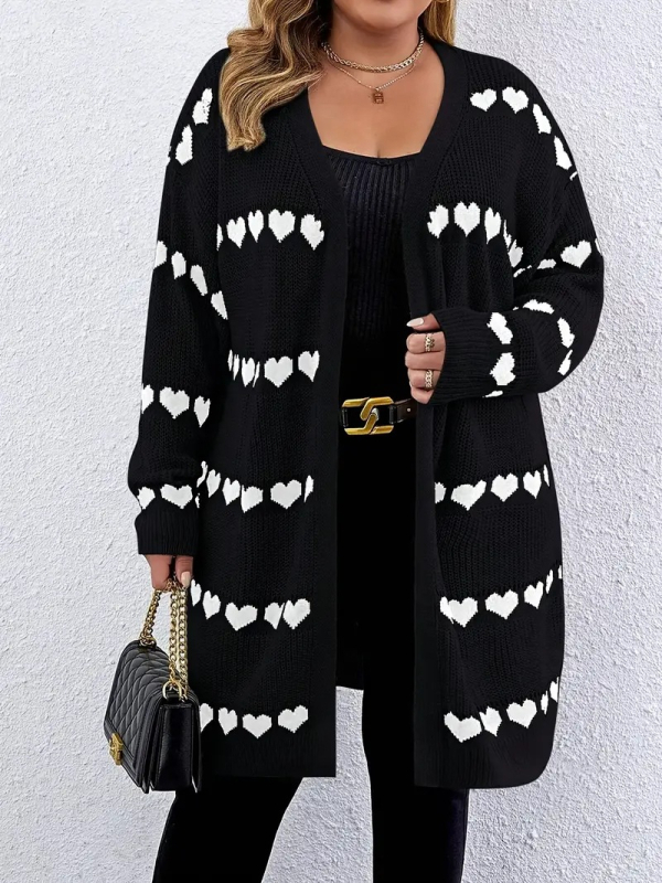 Cardigan tricotat cu model inimă, deschis în față, mâneci lungi, croială lejeră, stil casual european-american