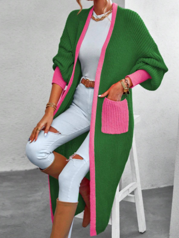 Cardigan lung pentru femei, cu buzunare, model color-block, poliester, mâneci lungi, lungime extinsă