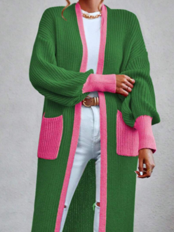 Cardigan lung pentru femei, cu buzunare, model color-block, poliester, mâneci lungi, lungime extinsă