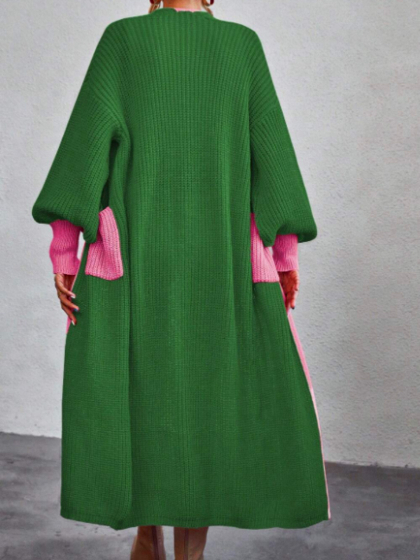 Cardigan lung pentru femei, cu buzunare, model color-block, poliester, mâneci lungi, lungime extinsă