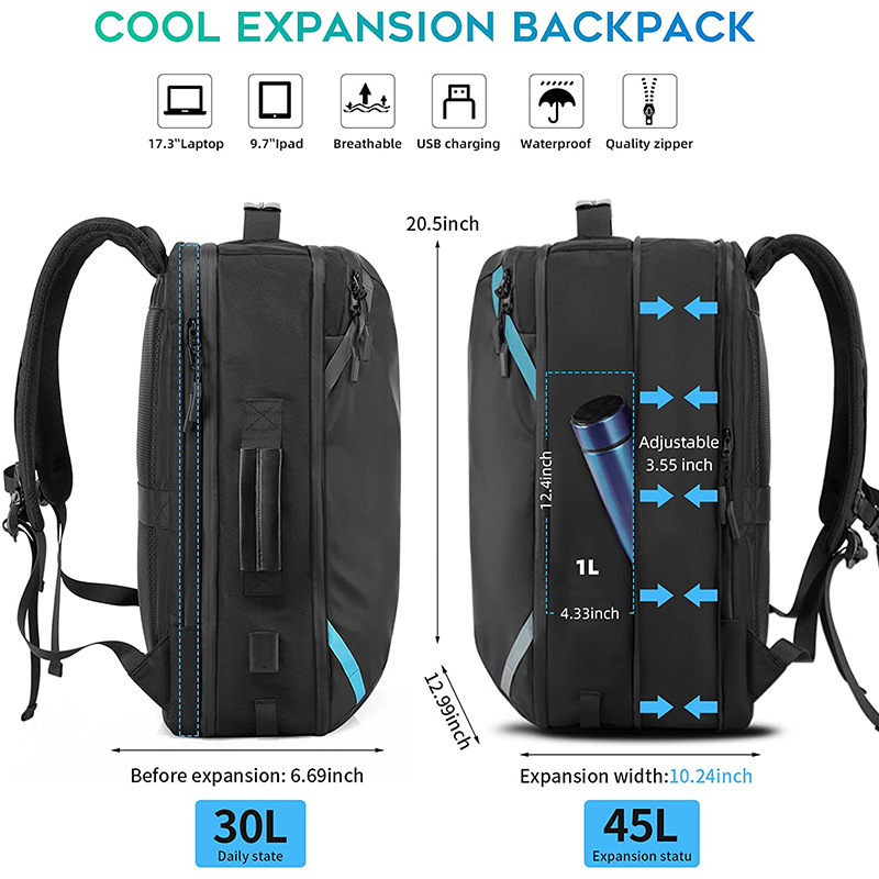 Rucsac pentru laptop cu încărcare USB, rezistent la apă (36–55 L, stofă Oxford, căptușeală poliesterică)