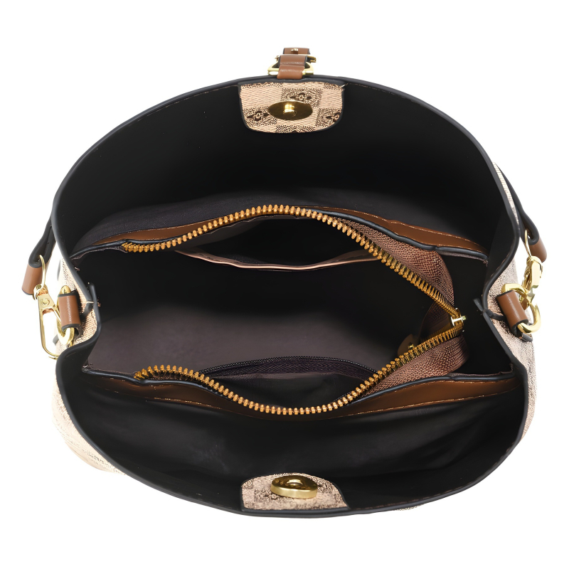 Női bucket bag kockás mintával, PU anyag, poliészter bélés, cipzáras nyitás, belső zsebek telefon és ID számára, laminált cipzáras zseb