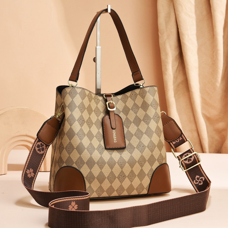 Női bucket bag kockás mintával, PU anyag, poliészter bélés, cipzáras nyitás, belső zsebek telefon és ID számára, laminált cipzáras zseb