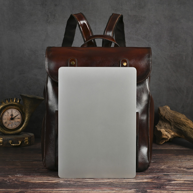 Uniszex hátizsák valódi bőrből, kopásálló első réteg borjúbőrből, egyetemi stílus, brit retro, kapacitás 20 L alatt