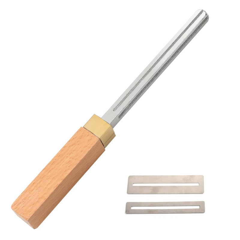 Fișier pentru corzi de chitară, formă pătrată, patru fețe, polizare a grosimii marginii, mâner din lemn, unealtă patru în unu cu garnitură de protecție