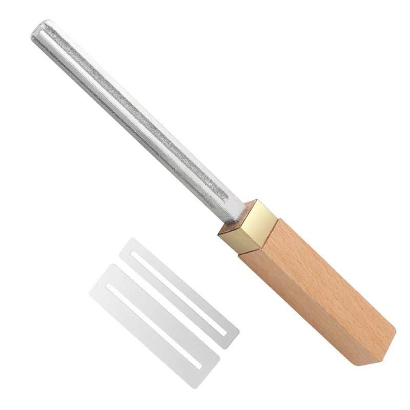 Fișier pentru corzi de chitară, formă pătrată, patru fețe, polizare a grosimii marginii, mâner din lemn, unealtă patru în unu cu garnitură de protecție