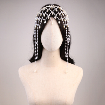 Perlų plaukų juosta su tinklelio dizainu, rankų darbas, kutas pakabukas ir kaktos grandinė — Medžiaga: imitacinės perlės; Modelis: DY7813; Prekės ženklas: Tuan ming