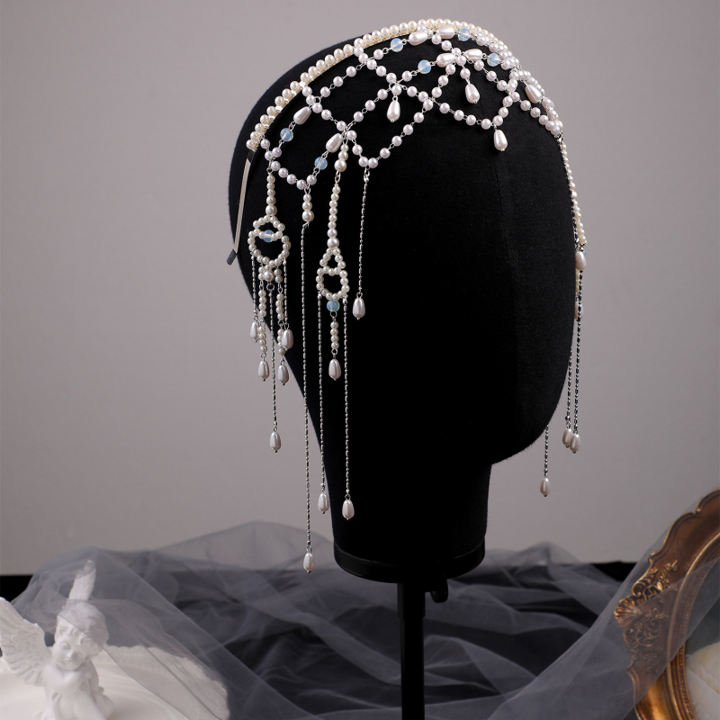 Perlų plaukų juosta su tinklelio dizainu, rankų darbas, kutas pakabukas ir kaktos grandinė — Medžiaga: imitacinės perlės; Modelis: DY7813; Prekės ženklas: Tuan ming