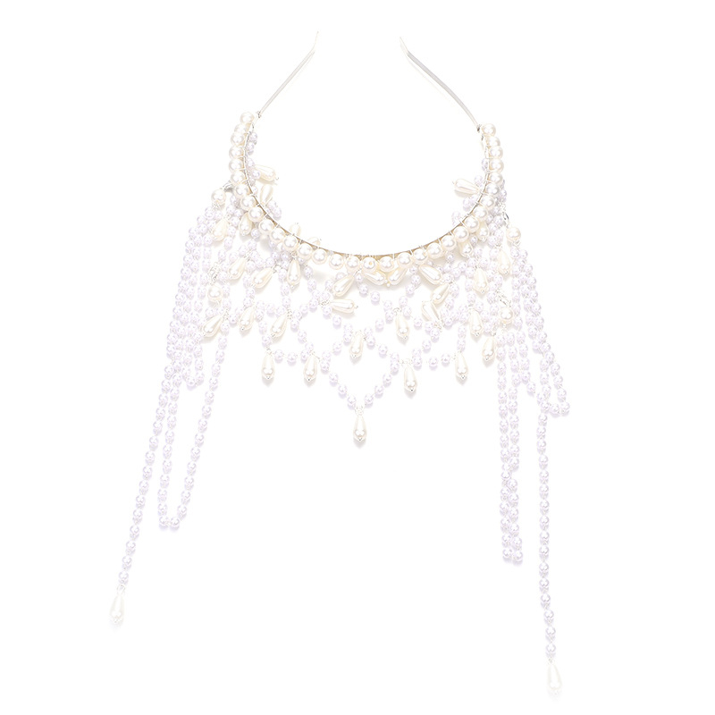 Perlų plaukų juosta su tinklelio dizainu, rankų darbas, kutas pakabukas ir kaktos grandinė — Medžiaga: imitacinės perlės; Modelis: DY7813; Prekės ženklas: Tuan ming