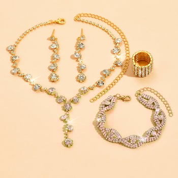 Σετ κοσμημάτων — γεωμετρικό κολιέ με κρύσταλλα, σκουλαρίκια, βραχιόλι, δαχτυλίδι και ελαστικό δαχτυλίδι (από κράμα, 41–50 εκ.)