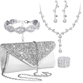 Σετ κοσμημάτων — γεωμετρικό κολιέ με κρύσταλλα, σκουλαρίκια, βραχιόλι, δαχτυλίδι και ελαστικό δαχτυλίδι (από κράμα, 41–50 εκ.)