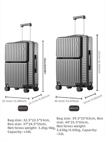 Valiză cu deschidere frontală ABS+PC – durabilă și ușoară, 4,5 kg, roți universale 360°, încuietoare cu combinație obișnuită, valiză de afaceri multifuncțională