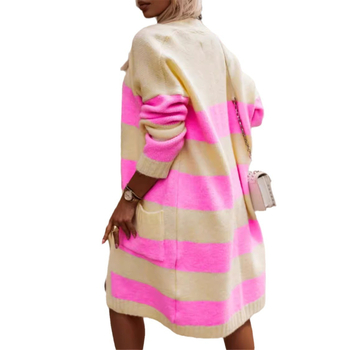 Дамски кардиган-свитер: свободен силует, дълъг трикотаж, V‑образно деколте, модел на райета, кашмирена смес с акрил и полиестер