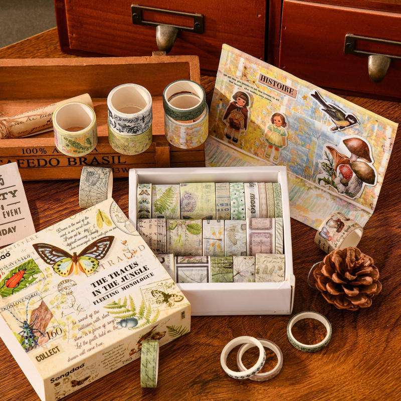 Washi lentes komplekts kastītē – antīks/retro stila dienasgrāmatai, kolāžai, DIY materiāli uz papīra un dekoratīvās uzlīmes