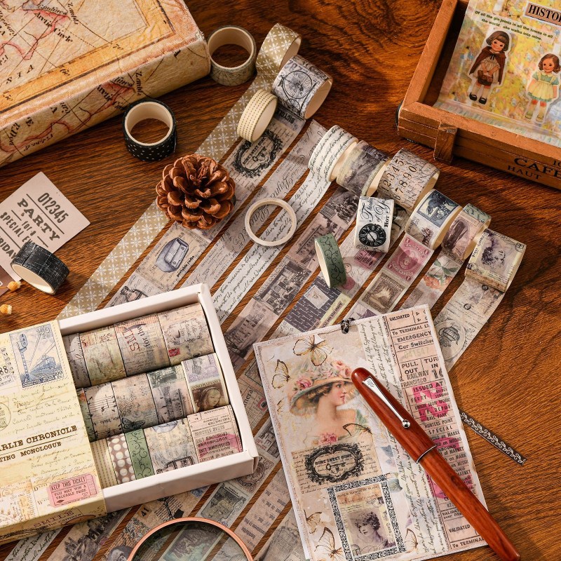 Washi lentes komplekts kastītē – antīks/retro stila dienasgrāmatai, kolāžai, DIY materiāli uz papīra un dekoratīvās uzlīmes