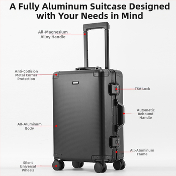 Bagaj din aliaj de aluminiu-magneziu pentru cabină, cu încuietoare TSA, roți universale, 4 kg, căptușeală poliester