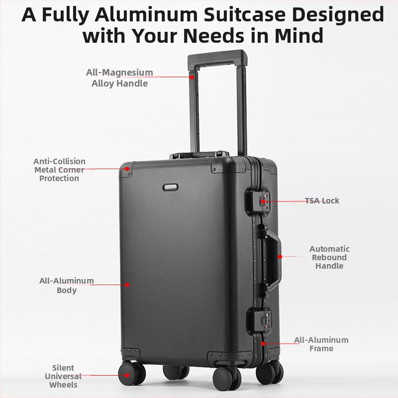 Куфар от алуминиево-магнезиев сплав за ръчен багаж със TSA комбинационна брава, универсални колела, 4 кг тегло, полиестерна облицовка