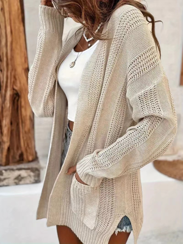 Cardigan tricotat cu model găuri, mâneci lungi, lungime medie, croială lejeră