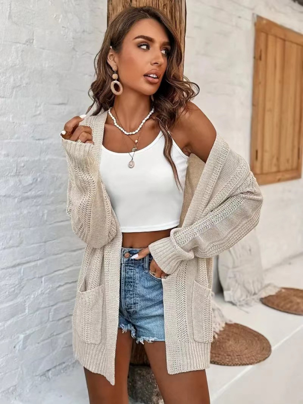 Cardigan tricotat cu model găuri, mâneci lungi, lungime medie, croială lejeră