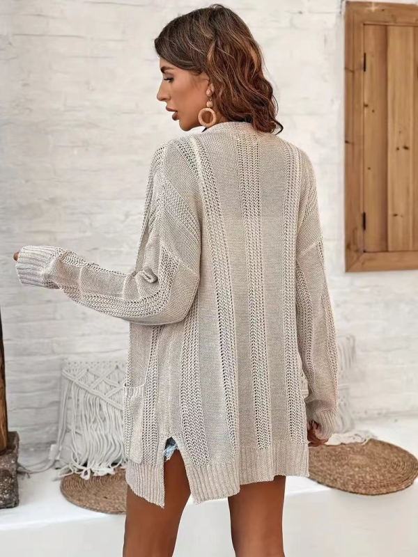 Cardigan tricotat cu model găuri, mâneci lungi, lungime medie, croială lejeră