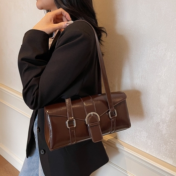 Geantă de umăr din PU, siluetă cilindrică, stil urban simplu, închidere cu capac, interior cu fermoar pentru utilizare zilnică