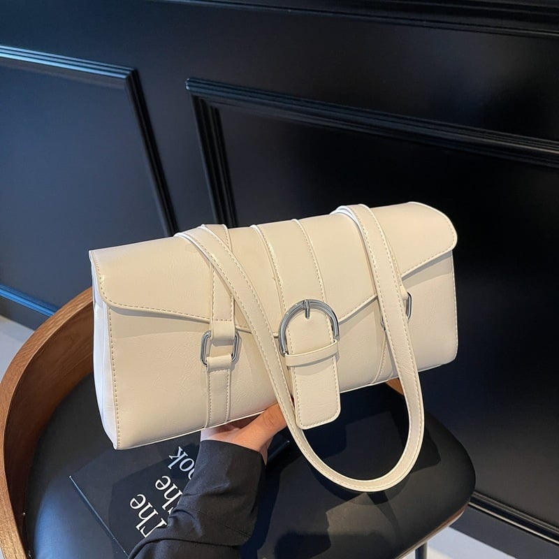 Geantă de umăr din PU, siluetă cilindrică, stil urban simplu, închidere cu capac, interior cu fermoar pentru utilizare zilnică