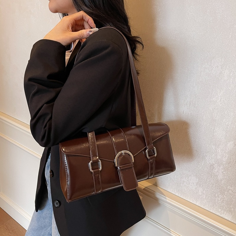 Geantă de umăr din PU, siluetă cilindrică, stil urban simplu, închidere cu capac, interior cu fermoar pentru utilizare zilnică