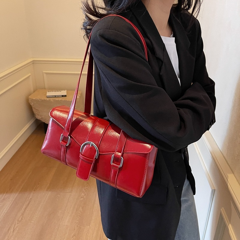 Geantă de umăr din PU, siluetă cilindrică, stil urban simplu, închidere cu capac, interior cu fermoar pentru utilizare zilnică