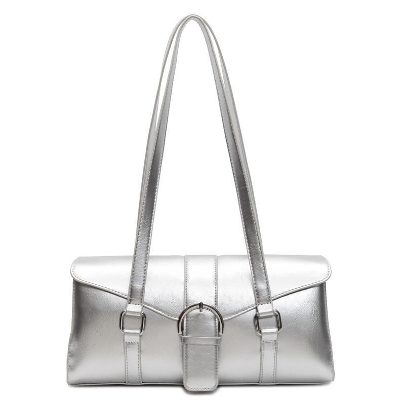 Geantă de umăr din PU, siluetă cilindrică, stil urban simplu, închidere cu capac, interior cu fermoar pentru utilizare zilnică