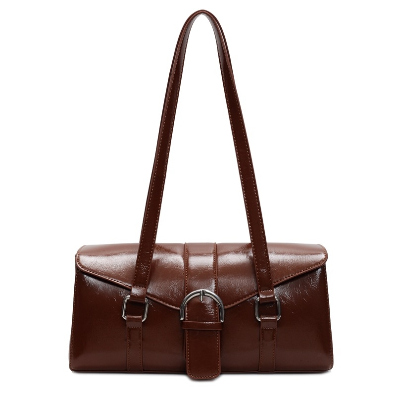 Geantă de umăr din PU, siluetă cilindrică, stil urban simplu, închidere cu capac, interior cu fermoar pentru utilizare zilnică