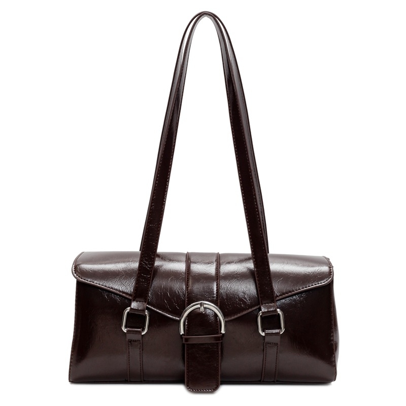 Geantă de umăr din PU, siluetă cilindrică, stil urban simplu, închidere cu capac, interior cu fermoar pentru utilizare zilnică