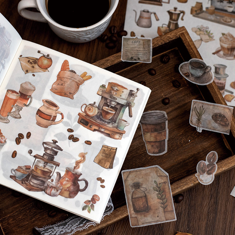 Twilight papír die-cut matricák naplózáshoz – retro stílusú jelenet kunyhóval, erdővel és kávéval, nyomtatott