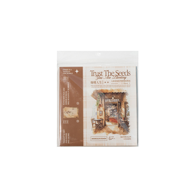 Twilight papír die-cut matricák naplózáshoz – retro stílusú jelenet kunyhóval, erdővel és kávéval, nyomtatott