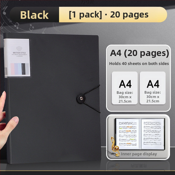 Μαύρος φάκελος Α4 για παρτιτούρες με διαφανείς ένθετες σελίδες, δερμάτινης κατασκευής, δυνατότητα εκτύπωσης λογότυπου, προσαρμογή