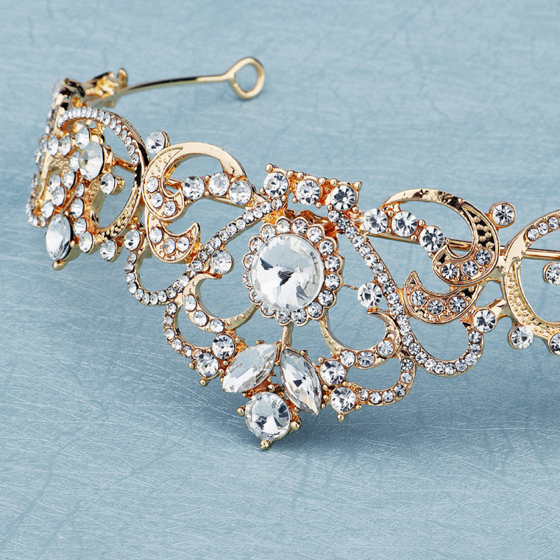 Lydinio karūna su baltais kristalais – egzotiškas moterų nuotakos plaukų aksesuaras su deimantinę apdaila