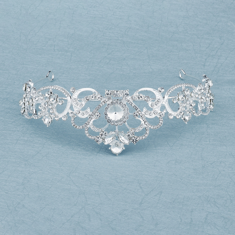 Lydinio karūna su baltais kristalais – egzotiškas moterų nuotakos plaukų aksesuaras su deimantinę apdaila