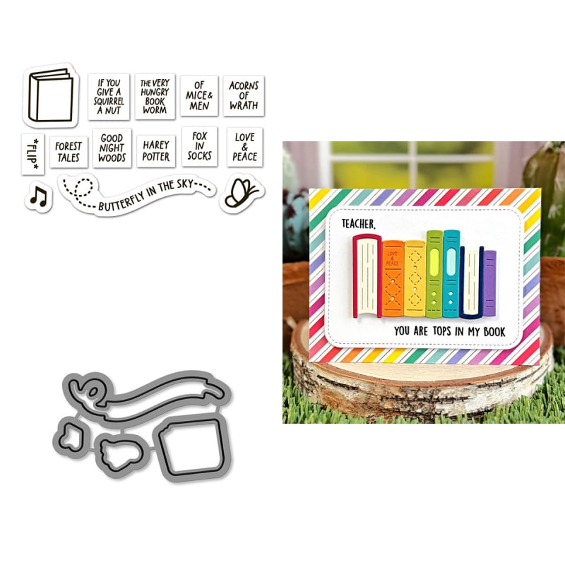 DIY scrapbookhoz: Könyv- és pillangó motívumos dies készlet, átlátszó PVC pecsét, domborító matrica szénacélból