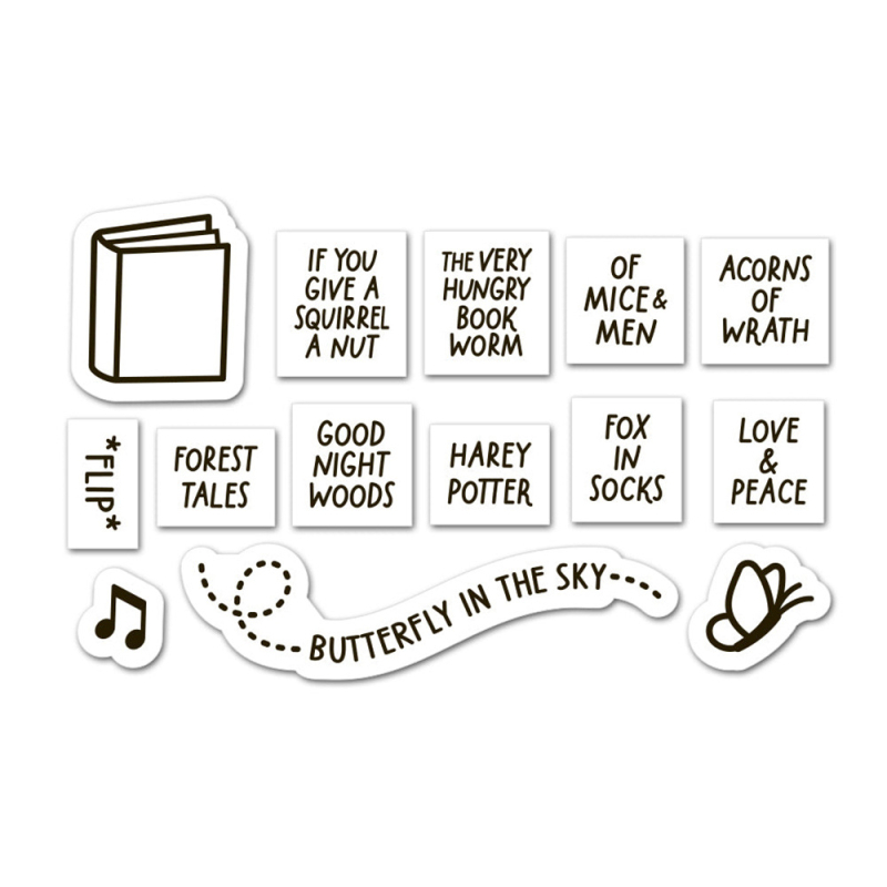 DIY scrapbookhoz: Könyv- és pillangó motívumos dies készlet, átlátszó PVC pecsét, domborító matrica szénacélból