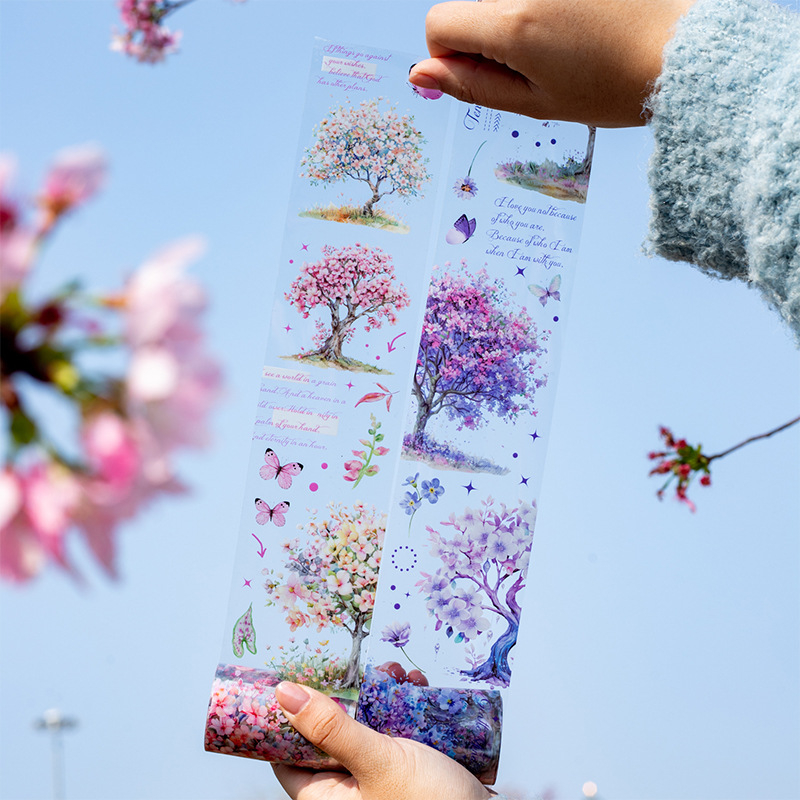 PET dekoratīvā lente ar koku ainavu tēmu, Blooming Forest sērija, drukāta plānotāja dekoram