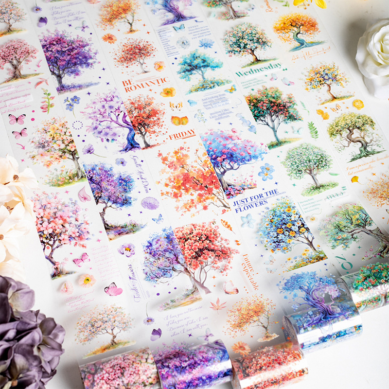 PET dekoratyvinė juosta, medžių kraštovaizdžio tema, Blooming Forest serija, spausdinta planavimui