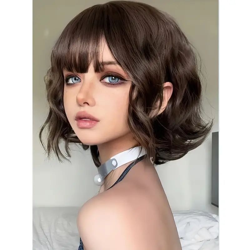 Перука в корейски стил: къса къдрава коса, текстурирани челки, термоустойчива синтетична коса, модел WB-0719477