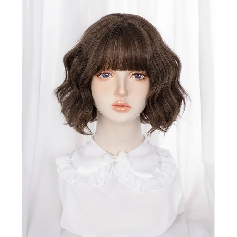 Перука в корейски стил: къса къдрава коса, текстурирани челки, термоустойчива синтетична коса, модел WB-0719477