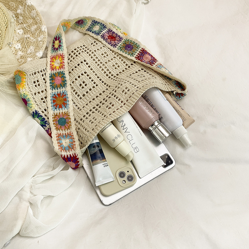 Notelli női szalmaszálas tote táska, utcai divat, vízszintes négyzet alakú forma, nyitott felső, telefontartó zseb, poliészter bélés, egy vállpánt