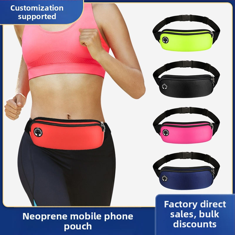 Bėgimo juosmens krepšys – universalus telefonui, atsparus vandeniui, nardymo medžiaga, užtrauktukas, vidinė tinklinė kišenė, horizontalaus kvadrato formos