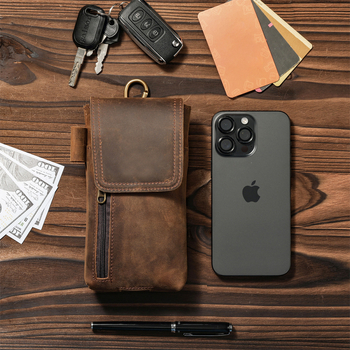 Muška pojasna torbica za mobitel od prave kože, Crazy Horse završna obrada, bez podstava, Grid Wolf