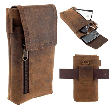 Muška pojasna torbica za mobitel od prave kože, Crazy Horse završna obrada, bez podstava, Grid Wolf