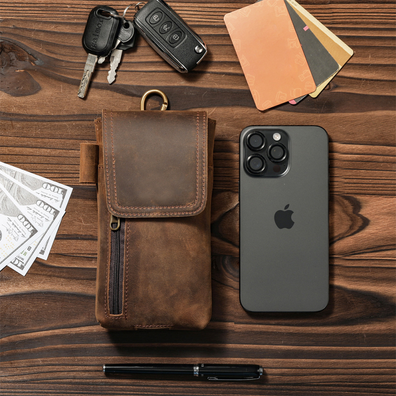 Muška pojasna torbica za mobitel od prave kože, Crazy Horse završna obrada, bez podstava, Grid Wolf