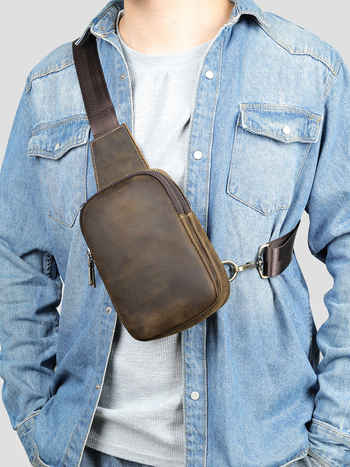 MASIWEI Мъжка чанта за гърдите - естествена кожа, горен слой телешка кожа, устойчива на износване, едноцветна, полиестрова подплата